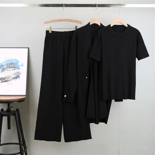 Elegant Knitted Mid length Cardigan Coat Wide Leg Pants Three piece Set Black - Shop at LoveMi