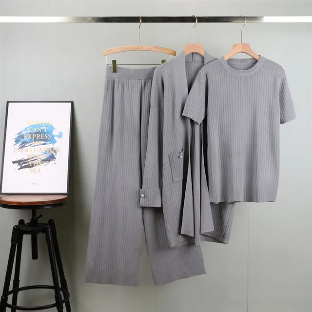 Elegant Knitted Mid length Cardigan Coat Wide Leg Pants Three piece Set Gray - Shop at LoveMi