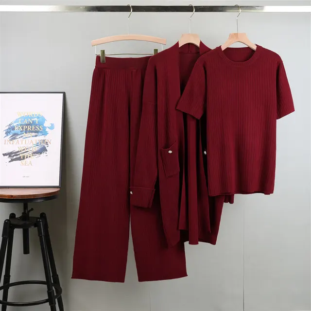 Elegant Knitted Mid length Cardigan Coat Wide Leg Pants Three piece Set Red - Shop at LoveMi