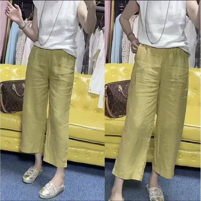 Women's Solid Color Linen Cropped Straight Casual Pants Light Yellow - Shop at LoveMi