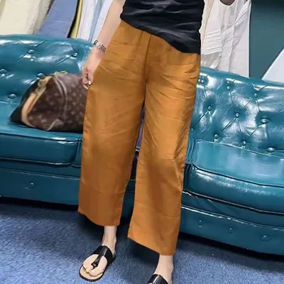 Women's Solid Color Linen Cropped Straight Casual Pants Yellow - Shop at LoveMi