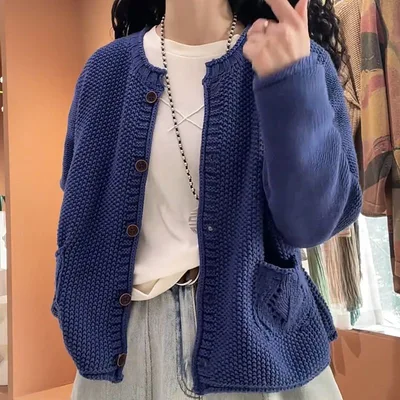 Women's Solid Color Round Neck Long Sleeve Knitted Sweater Coat Dark Blue - Shop at LoveMi