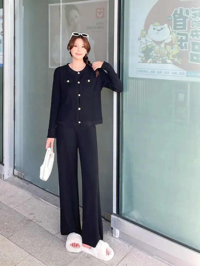 Single breasted Knitted Jacket Wide leg Pants Two piece Set Black - Shop at LoveMi