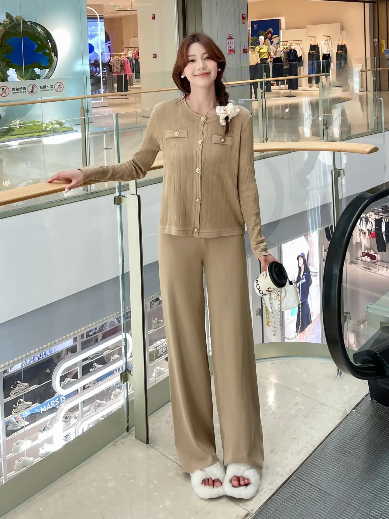 Single-breasted Knitted Jacket Wide-leg Pants Two-piece Set - Camel