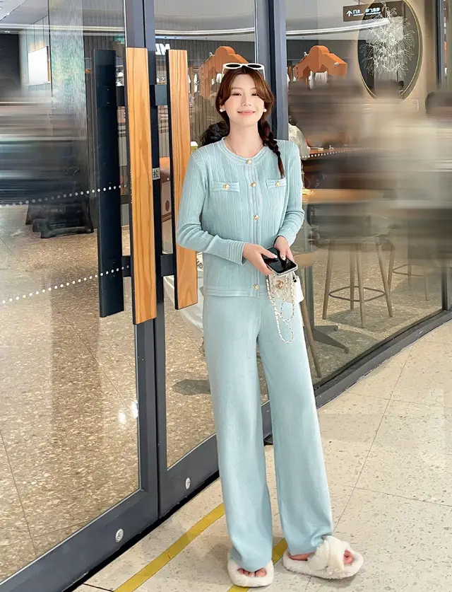 Single breasted Knitted Jacket Wide leg Pants Two piece Set Green - Shop at LoveMi