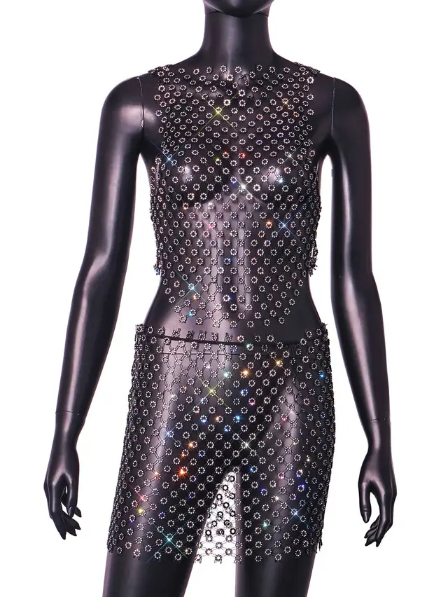 Hollow Out See through Mesh Rhinestone Suit Skirt Top - Shop at LoveMi
