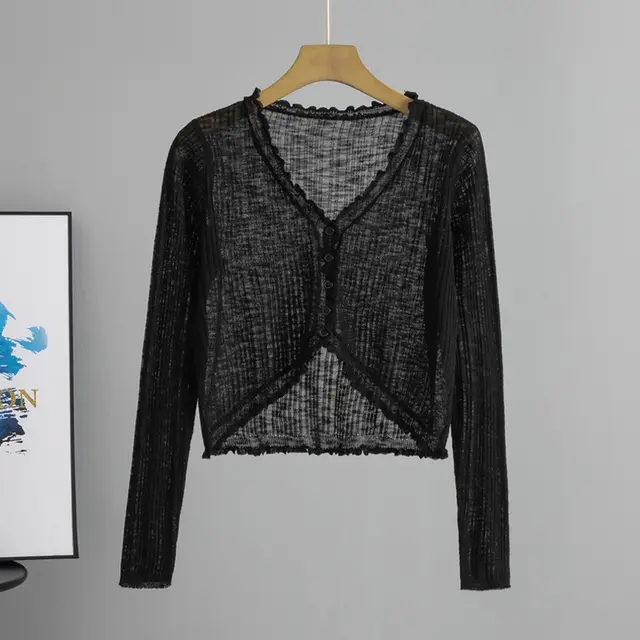 Women's Lace Knitted Cardigan Thin Type Sunscreen Outer Tops Black - Shop at LoveMi