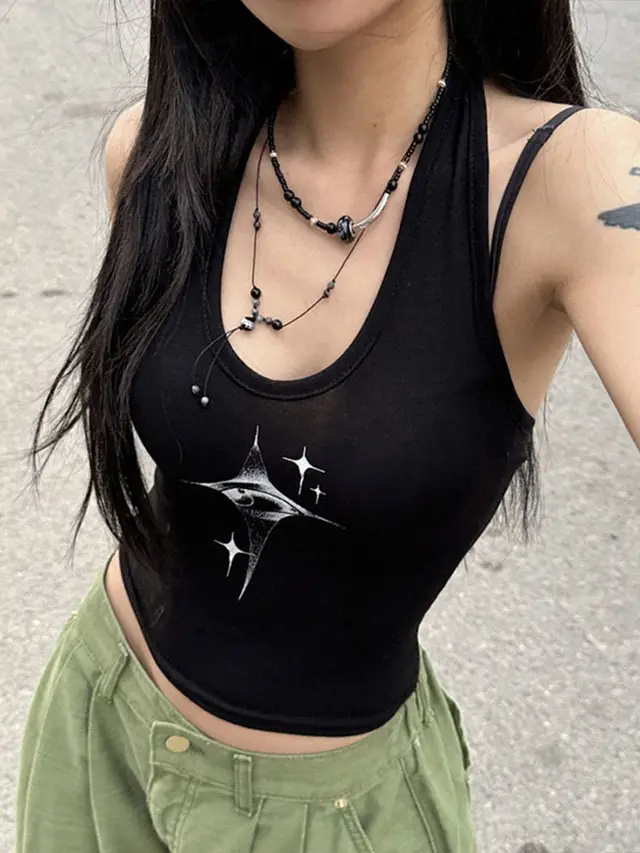 Retro Printed Halter Spaghetti Straps Vest For Women Black - Shop at LoveMi