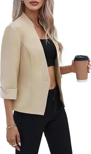 Light And Thin Fully Lined Slim Fit Stand Collar Casual Small Suit Jacket - Beige