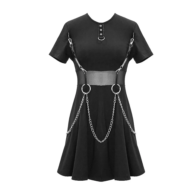 Summer Waist See through Design Round Neck Short Sleeve Dress Black - Shop at LoveMi