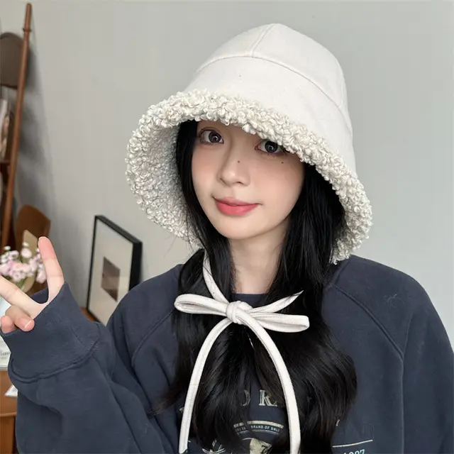 Windproof Earflaps Lamb Wool All matching Strap Bucket Hat 2365 Beige - Shop at LoveMi