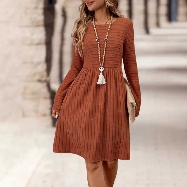 Solid Color Round Neck Long Sleeve Casual Dress Orange - Shop at LoveMi