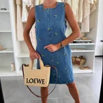 Casual Floral Loose Denim Sleeveless Vest Dress - Blue