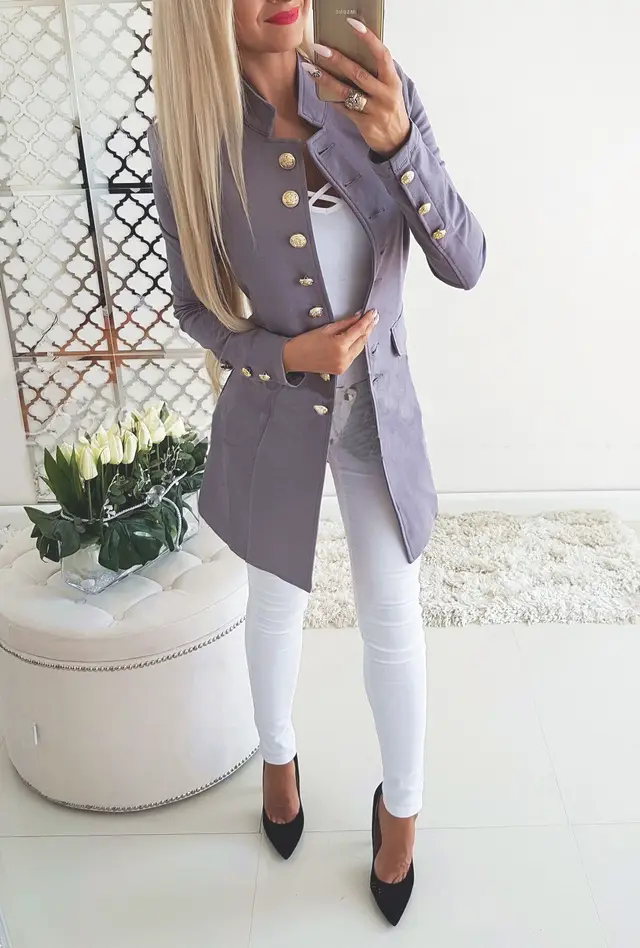 Women's Long sleeved Breasted Slim Fit Small Business Suit Coat Gray - Shop at LoveMi