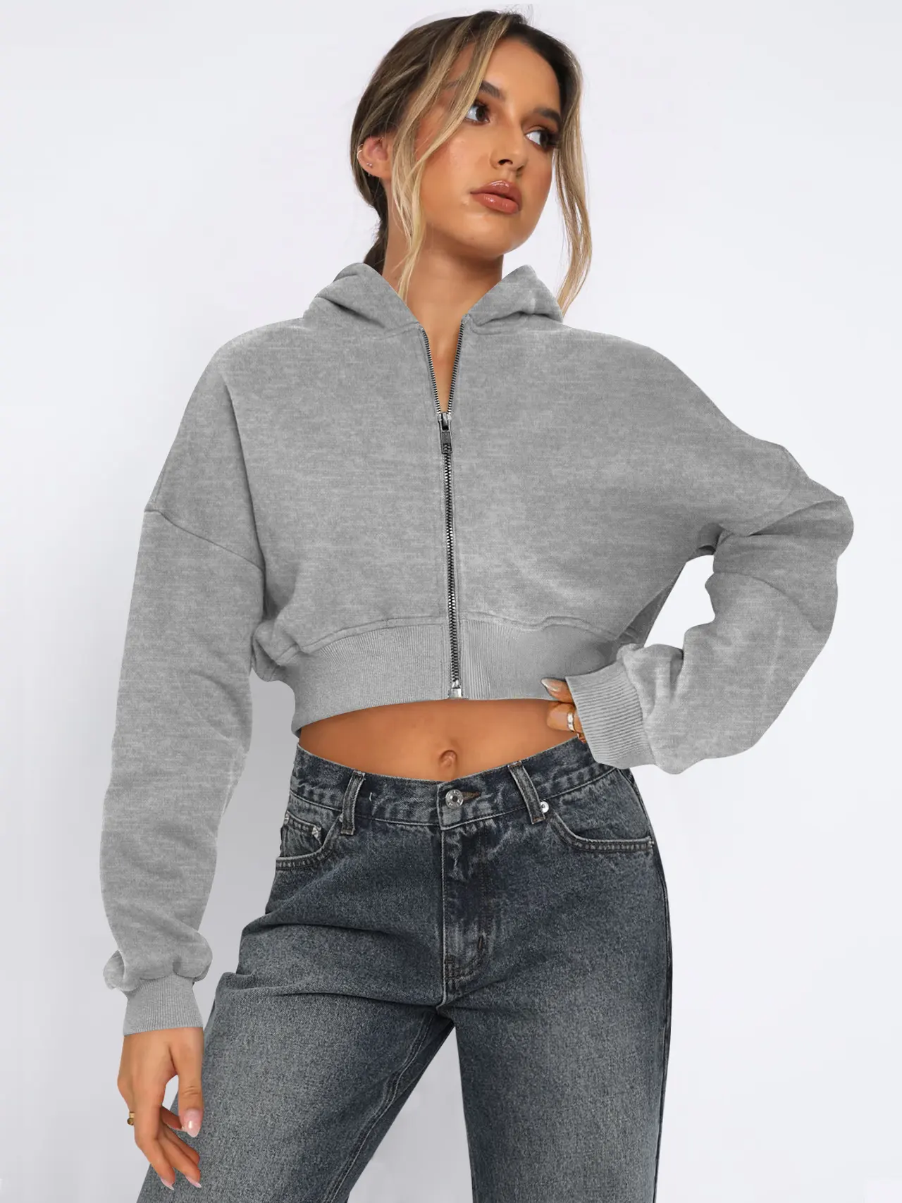 Long Sleeve Fleece Zipper Cardigan Hoodie Casual Jacket - Flower Gray