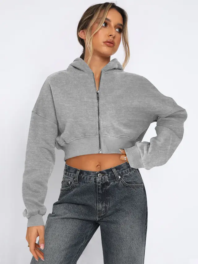 Long Sleeve Fleece Zipper Cardigan Hoodie Casual Jacket Flower Gray - Shop at LoveMi