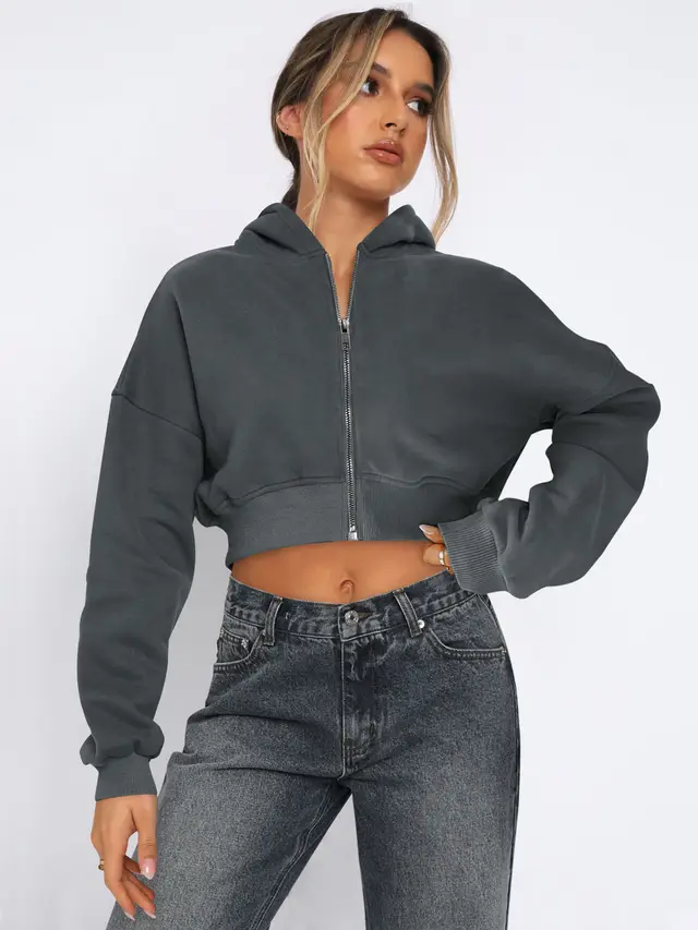 Long Sleeve Fleece Zipper Cardigan Hoodie Casual Jacket Gray - Shop at LoveMi