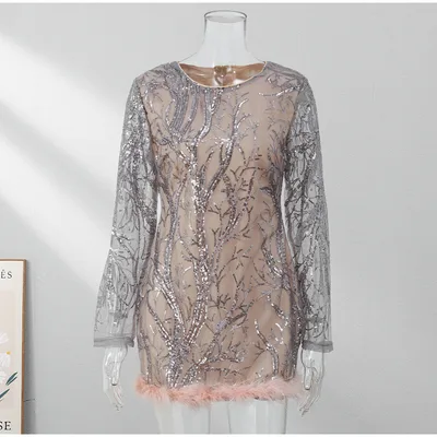 Long Sleeve Bright Silk Fur Splicing Skirt European And American Gray Grey - Shop at LoveMi