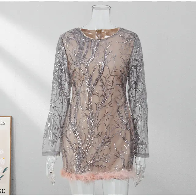 Long Sleeve Bright Silk Fur Splicing Skirt European And American Gray Grey - Shop at LoveMi