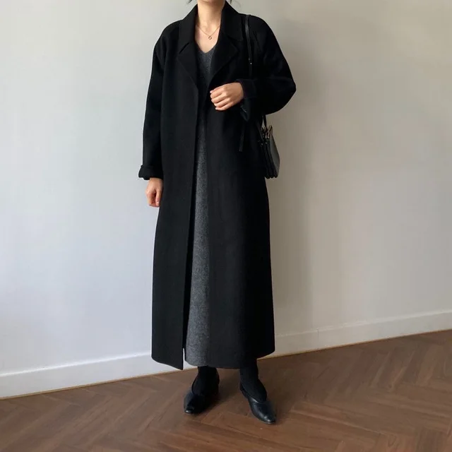 Loose Temperament Minimalist Lace up Thick Wool Commuter's All matching Coat Black - Shop at LoveMi