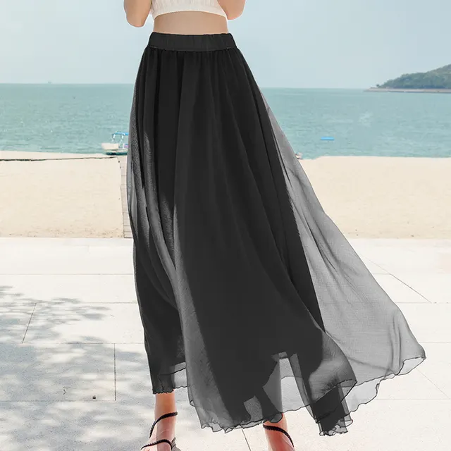 Chiffon Skirt Large Swing Skirt Vacation Beach Dress Fairy Dress Black - Shop at LoveMi