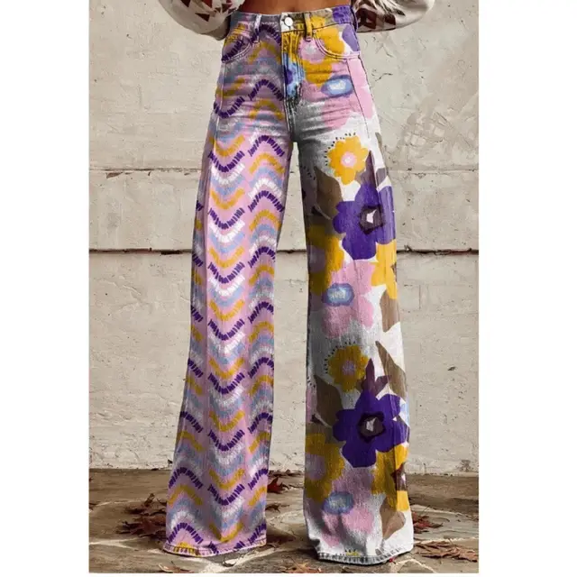 Thermal Transfer Bell bottom Pants Simulation Denim Trousers Loose Pants Z40 - Shop at LoveMi