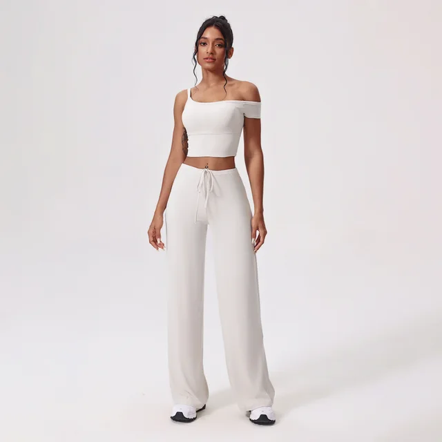 Antibacterial Yoga Clothes Suit Slant Shoulder Tight Quick drying Workout Clothes White - Shop at LoveMi