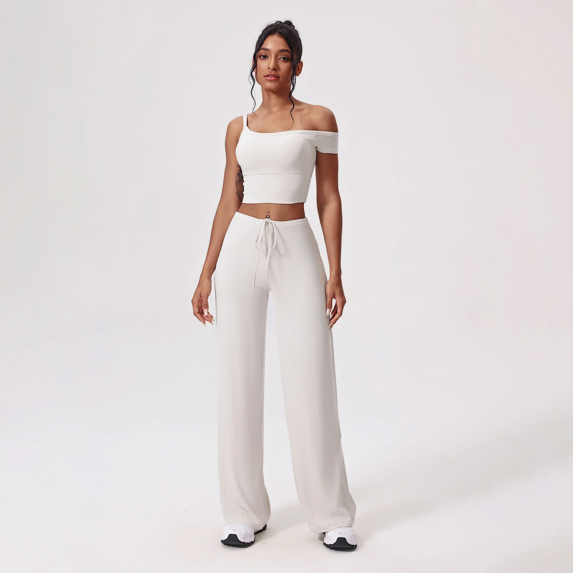 Antibacterial Yoga Clothes Suit Slant Shoulder Tight Quick-drying Workout Clothes - White