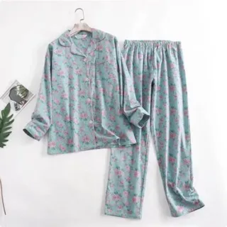 Women's Pajamas Simple Spring, Autumn And Winter Long Sleeves Trousers Suit - Cyan