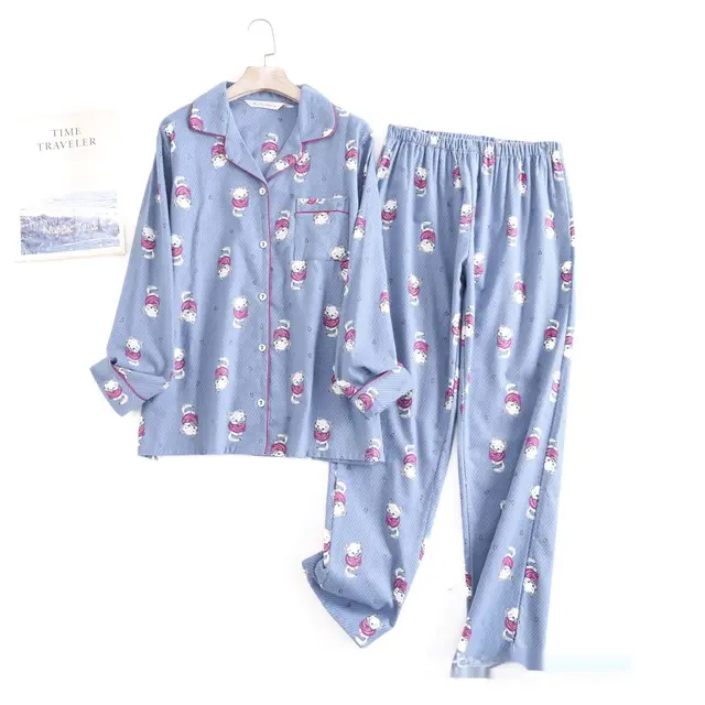 Women's Pajamas Simple Spring, Autumn And Winter Long Sleeves Trousers Suit Light Blue - Shop at LoveMi
