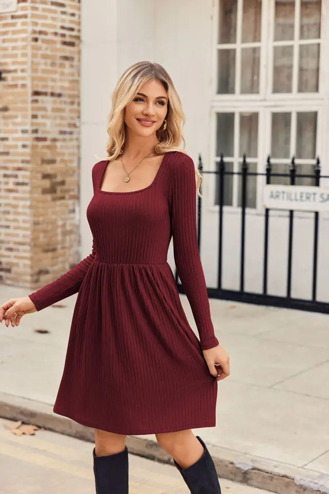 Roman Velvet Rib Long Sleeve Slim Fit Dress Purplish Red - Shop at LoveMi