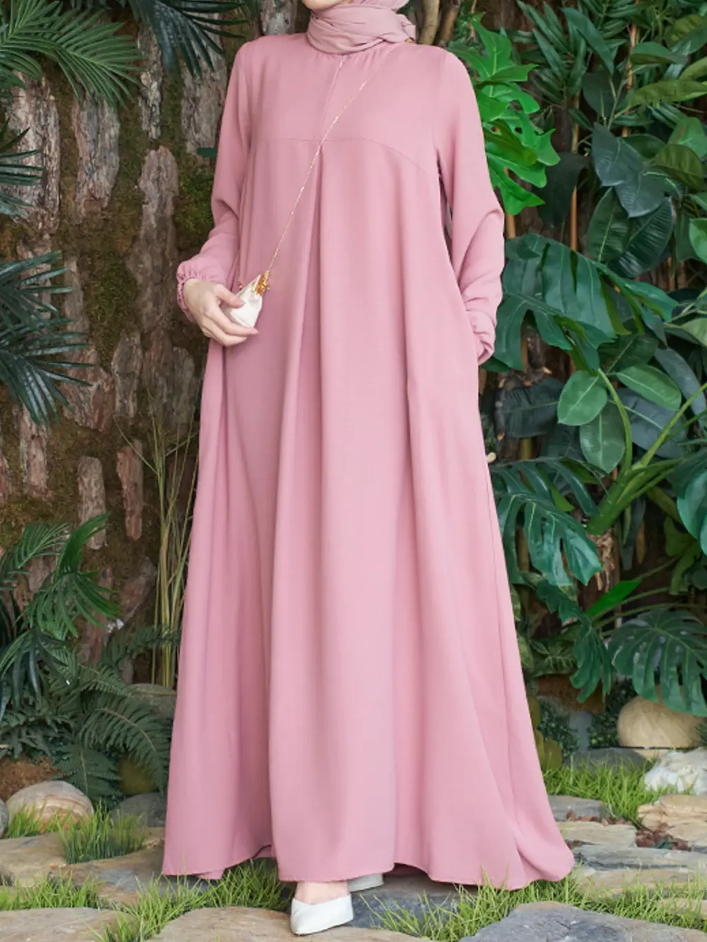 Arabic Long Sleeve Loose Temperament Dress - Pink