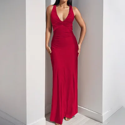 Sexy V neck Pleated Slim Fit Slimming Graceful And Fashionable Dress Red - Shop at LoveMi
