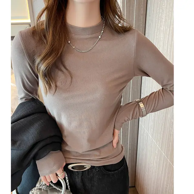Shirt Women's Underwear Can Be Worn Outside Round Neck Long Sleeve Mocha Color - Shop at LoveMi