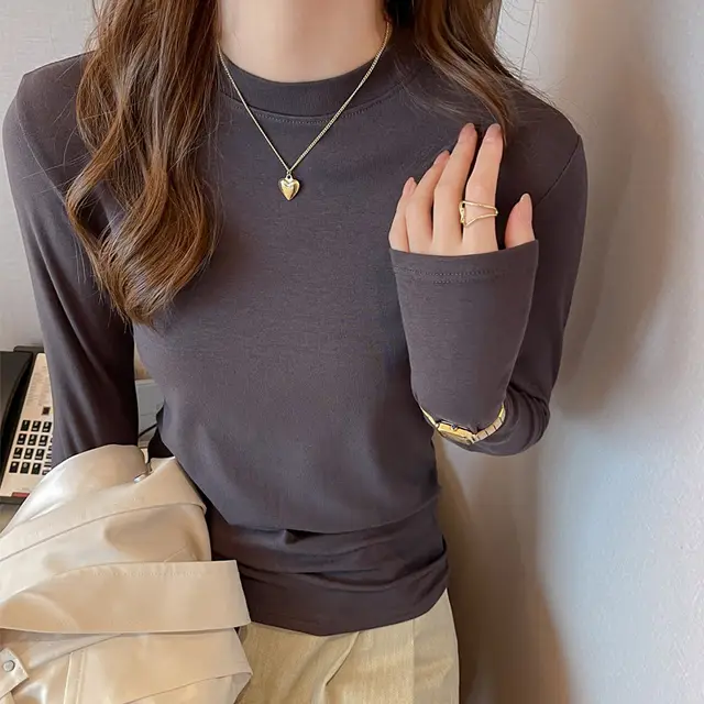 Shirt Women's Underwear Can Be Worn Outside Round Neck Long Sleeve Smoky Gray - Shop at LoveMi