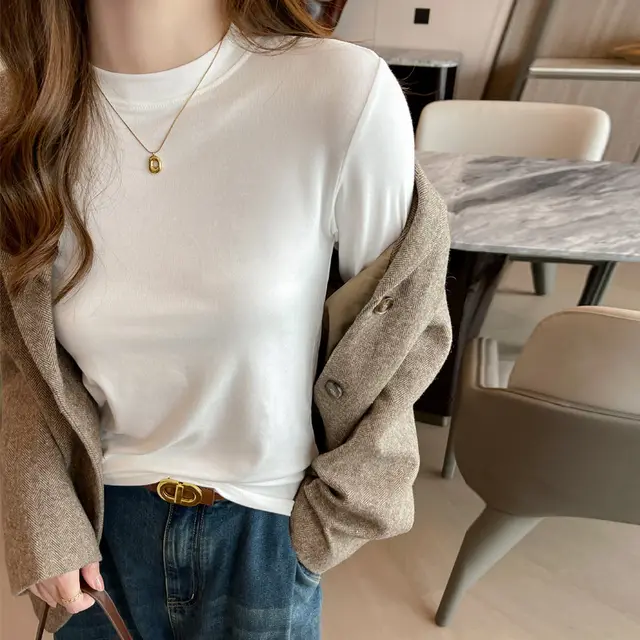 Shirt Women's Underwear Can Be Worn Outside Round Neck Long Sleeve White - Shop at LoveMi