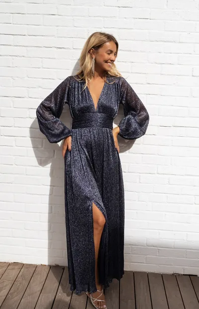 New Sequined Split Dress Long Sleeve V neck Navy Blue - Shop at LoveMi