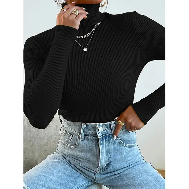 Women's Turtleneck Sweater Pullover Knitted Top Black - Shop at LoveMi