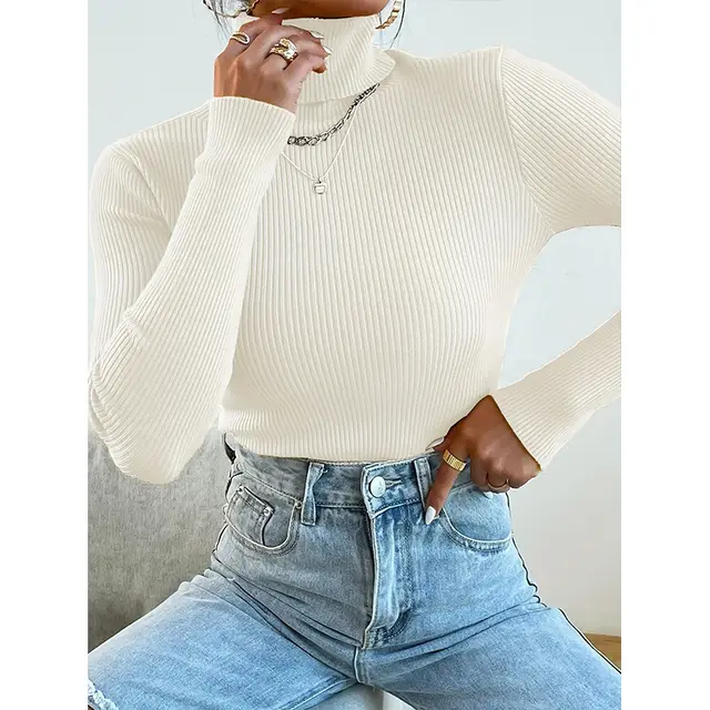 Women's Turtleneck Sweater Pullover Knitted Top White - Shop at LoveMi