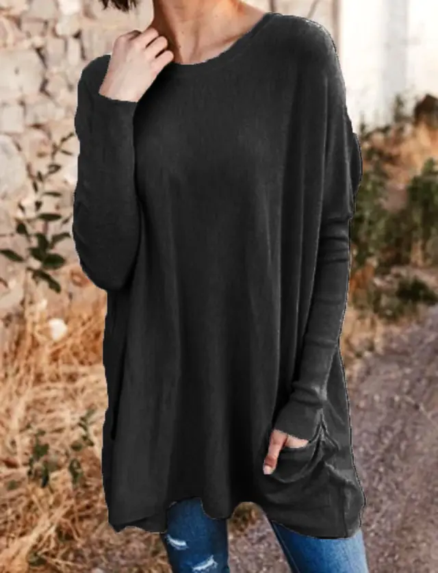 Women's Casual Pocket Loose Long Sleeve Top Black - Shop at LoveMi