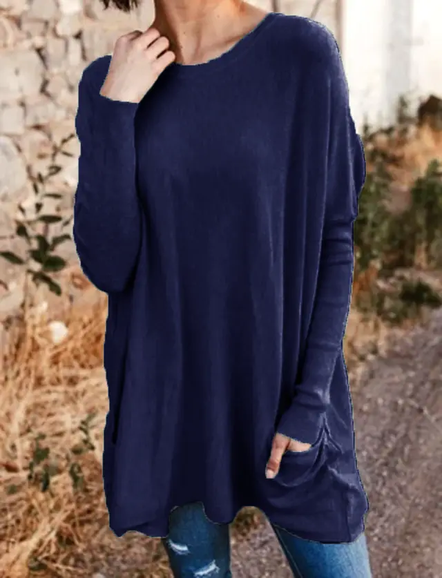 Women's Casual Pocket Loose Long Sleeve Top Dark Blue - Shop at LoveMi