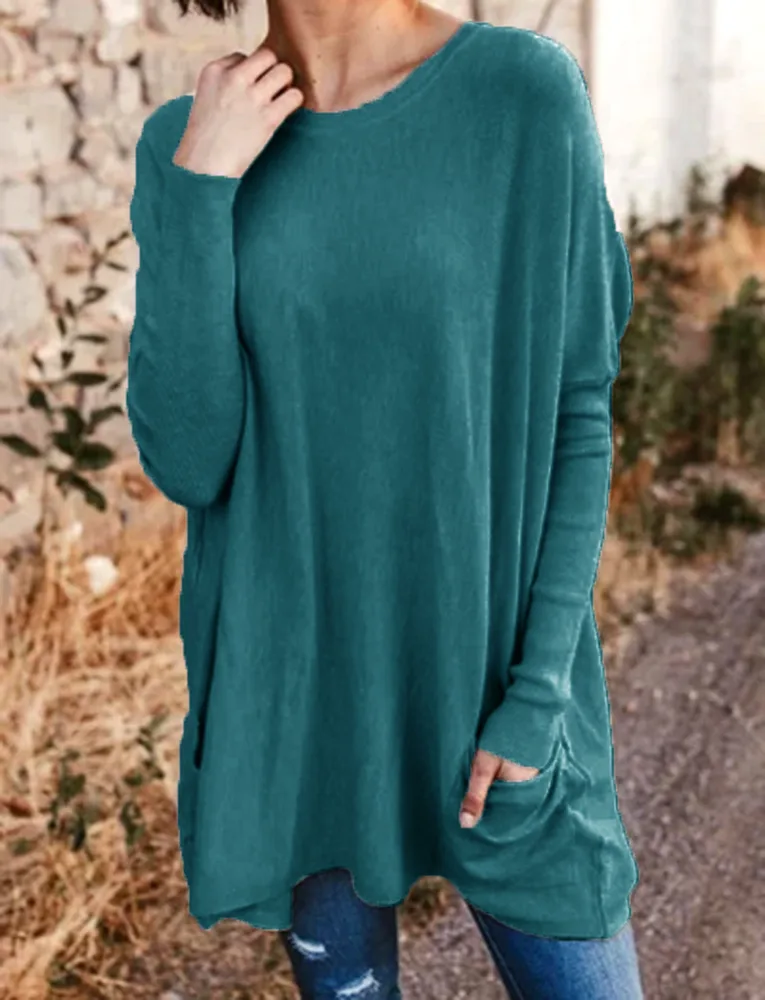 Women's Casual Pocket Loose Long Sleeve Top Peacock Blue - Shop at LoveMi
