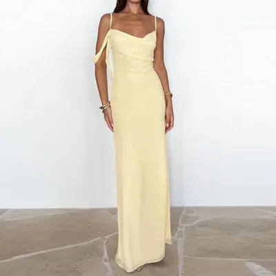 Summer New French Style Temperament Sexy Low Cut Solid Color Sling Backless Dress Yellow - Shop at LoveMi
