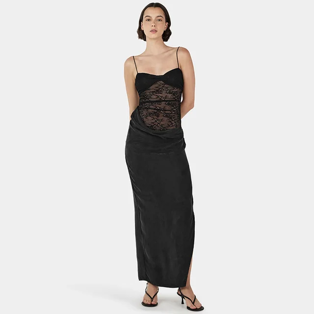 New Solid Color Lace Sexy Sleeveless Split Long Dress Black - Shop at LoveMi