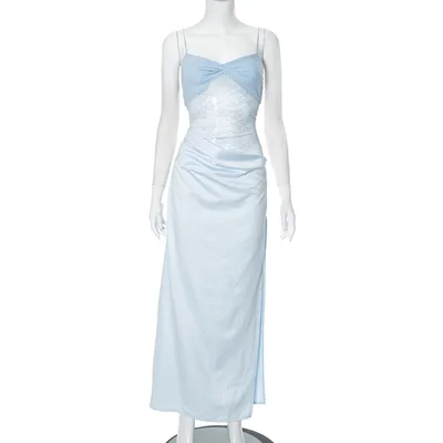 New Solid Color Lace Sexy Sleeveless Split Long Dress Light Blue - Shop at LoveMi