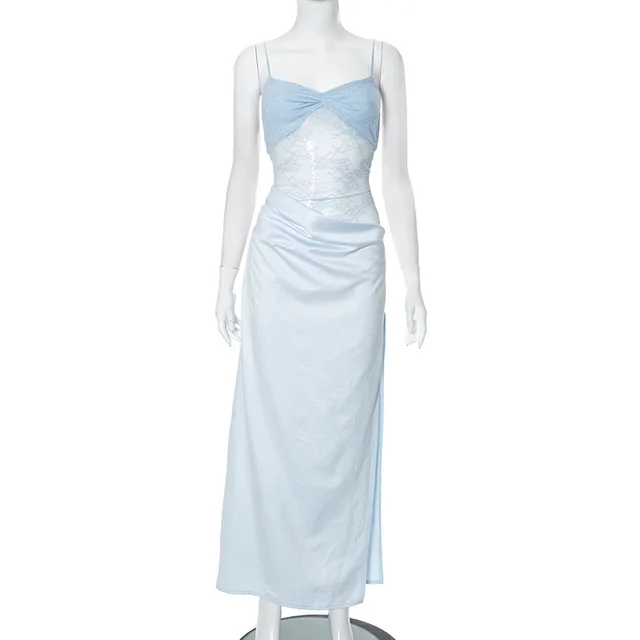 New Solid Color Lace Sexy Sleeveless Split Long Dress Light Blue - Shop at LoveMi