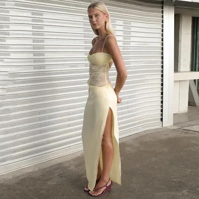 New Solid Color Lace Sexy Sleeveless Split Long Dress Light Yellow - Shop at LoveMi
