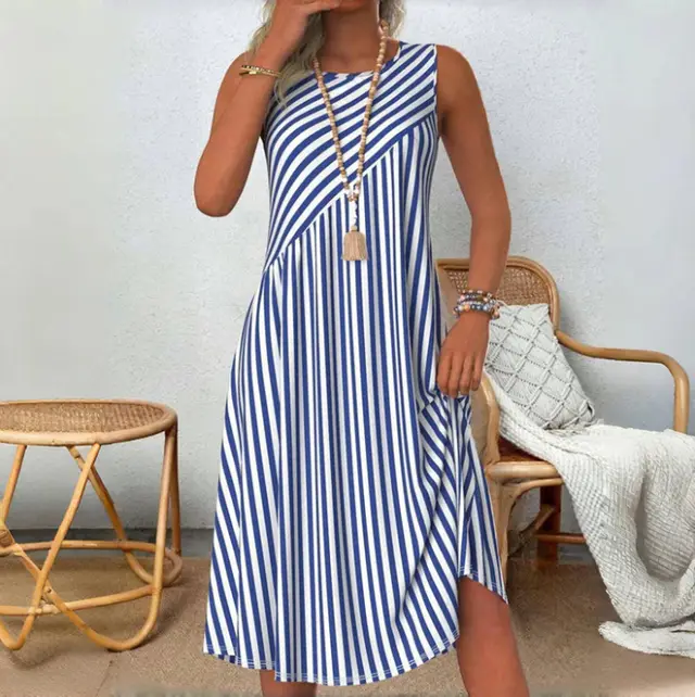 Summer Blue And White Striped Casual Loose Dress Blue Stripes - Shop at LoveMi
