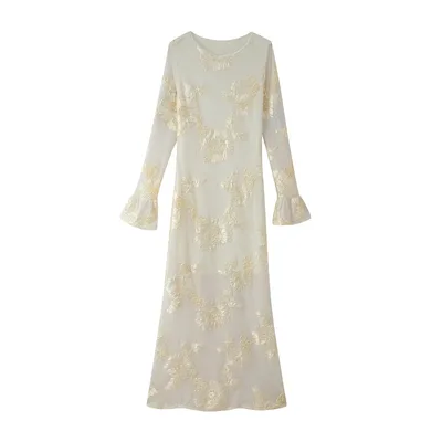 Three dimensional Plate Flower Bell Sleeve Slim fit Long Sleeve Dress Apricot Beige - Shop at LoveMi