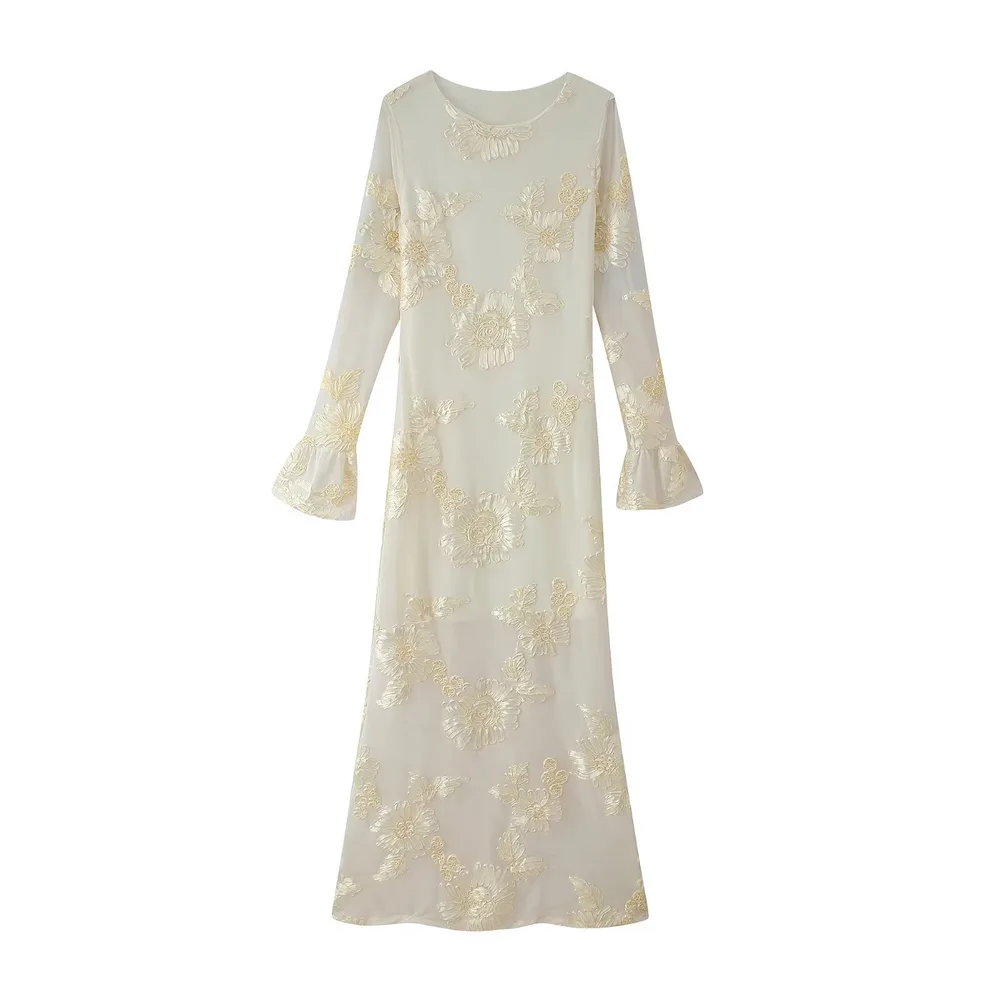 Three dimensional Plate Flower Bell Sleeve Slim fit Long Sleeve Dress Apricot - Shop at LoveMi